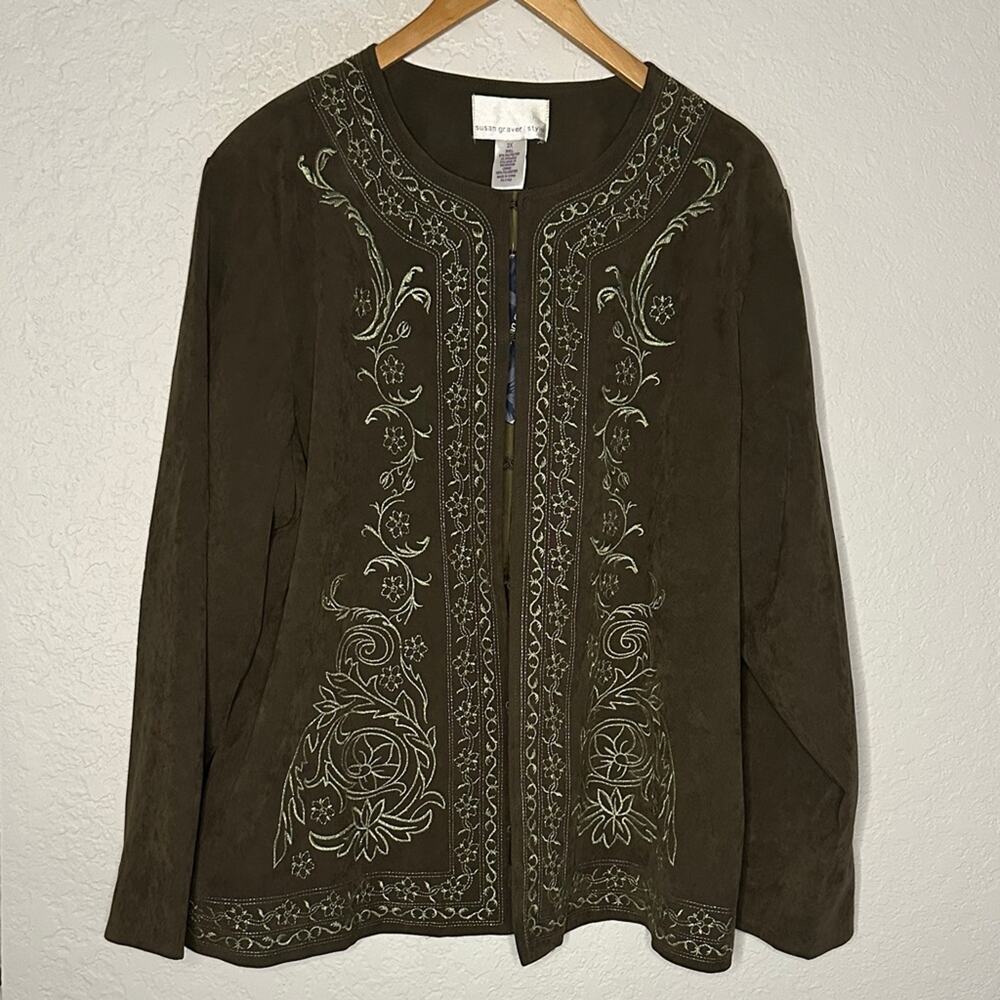 NEW Susan Graver Olive Green Suede Jacket Embroidered Fall Boho Blazer Size 2X